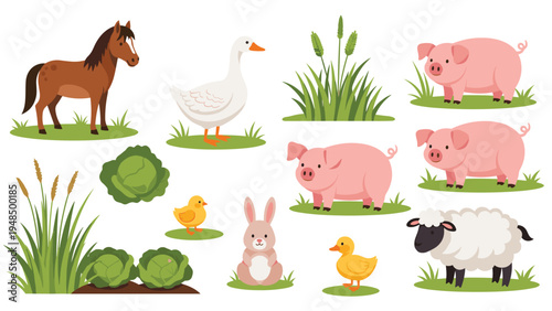 Variety of farm animals including pigs, sheep, a horse, and a goose are shown with vegetables in a rural setting.