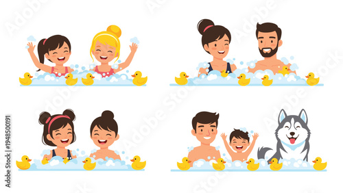 Families and a dog enjoy a fun bubble bath filled with yellow rubber ducks to illustrate hygiene and bonding at home.