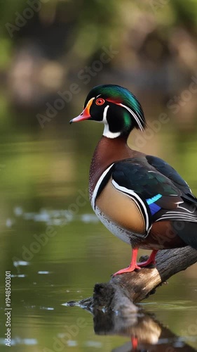 Wood duck standing on a rock.