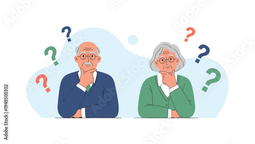 Elderly man and woman look confused while surrounded by colorful question marks to represent aging and memory loss.
