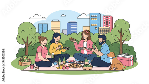 Group of friends and their dog enjoy a relaxing picnic on a pink blanket in a city park on a beautiful sunny day.