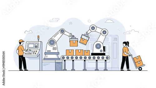 Modern manufacturing facility features automated robot arms and human workers collaborating on an assembly line.