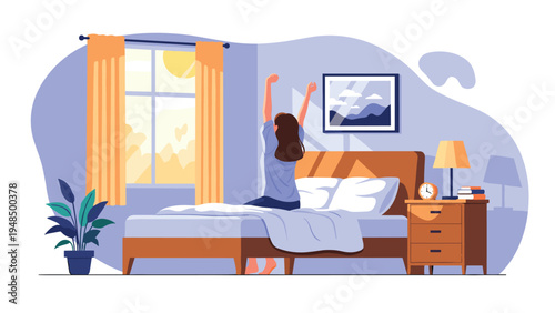 Young woman sits on her bed and stretches her arms while looking out the window during a bright morning at home.