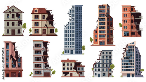 Illustrations of ruined city buildings and damaged apartment blocks following a natural disaster or conflict on a white background.