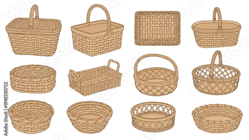 Variety of traditional woven wicker baskets in different shapes and sizes used for picnics, shopping, and home storage needs.