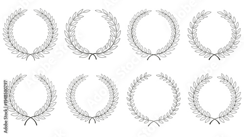 Set of eight different laurel wreath symbols in a vintage sketch style representing victory, honor, and achievement for awards.