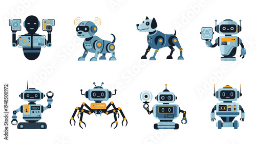 Collection of friendly robot characters and artificial intelligence assistants in various shapes and designs with electronic displays.