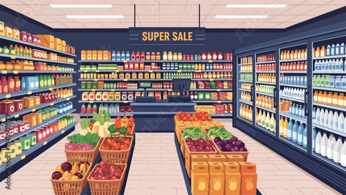 Detailed illustration of a supermarket interior with aisles full of grocery products and fresh produce under a super sale sign.