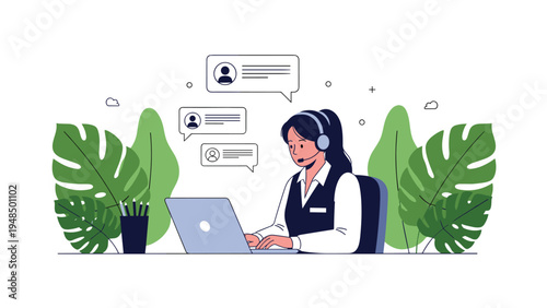 Young female customer support agent wearing a headset and working on a laptop with digital message bubbles among green plants.