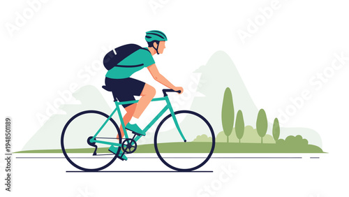 Active man riding a bicycle on a road through a beautiful natural landscape with green hills and trees under a clear sky.