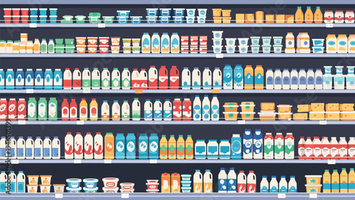 Supermarket shelves stocked with a wide variety of dairy products including milk cartons, yogurt cups, and bottles of beverages.