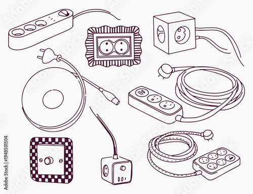Set of hand-drawn electrical cords, sockets and adapters, etc.