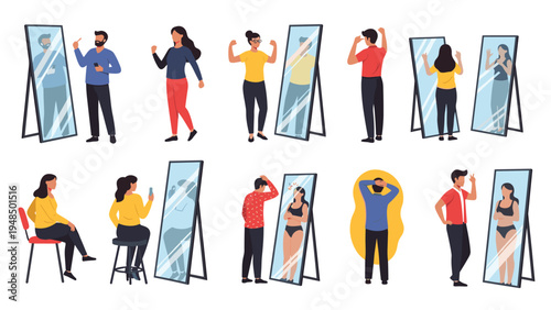 People of different ages looking at their reflections in mirrors while grooming, posing, or reflecting on their body image.