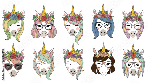 Collection of cute unicorn heads with colorful hair wearing floral crowns, glasses, and sunglasses in a whimsical cartoon style.