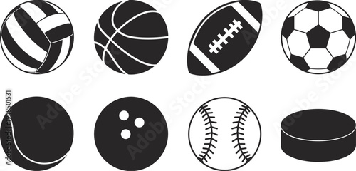 Collection of Black and White Silhouettes of Various Sports Balls and Puck equipment
