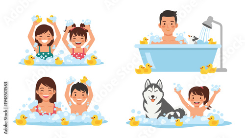 Happy children and adults taking a bubble bath with yellow rubber ducks and a husky dog enjoying a wash in a tub with foam.