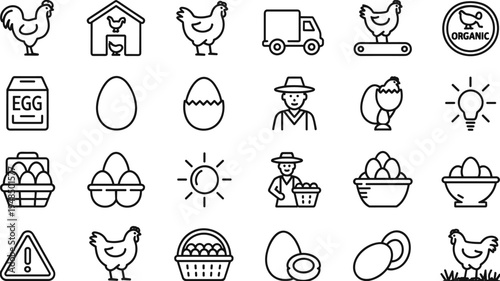 Collection of Chicken and Egg Related Icons with Organic Farm and Transportation Elements