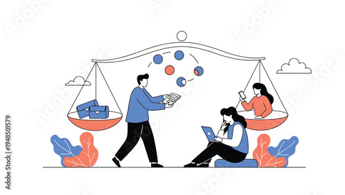 Conceptual illustration about work life balance showing people and office icons on a large scale in a modern flat design style.