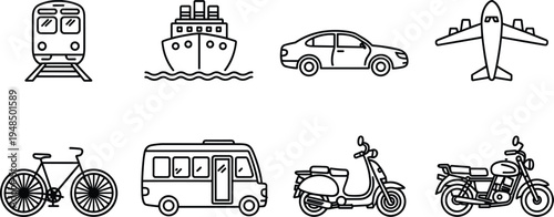 Collection of Outline Icons Representing Different Modes of Transportation
