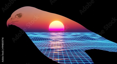 Double exposure falcon silhouette featuring retrowave sunset over digital ocean wireframe art