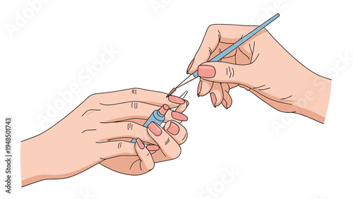 Close up illustration of a manicurist applying nail polish to a customer's fingernails with a small brush in a beauty salon.