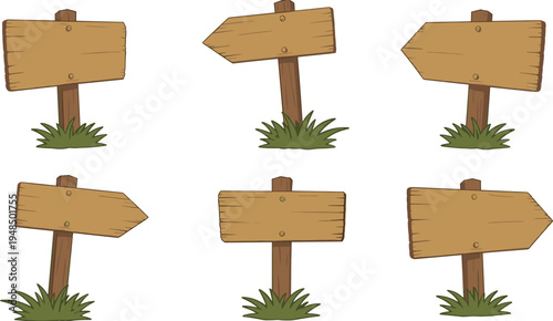 Set of Six Wooden Signposts with Blank Rectangular and Arrow Shapes