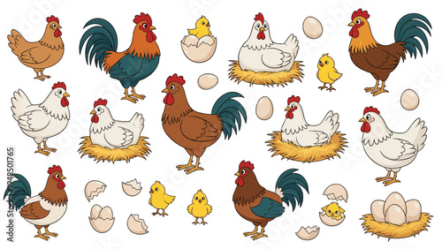 Collection of farm birds including hens, roosters, chicks, nests, and eggs in various poses in a friendly cartoon style.