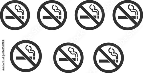 Seven Circular No Smoking Signs with Cigarette and Smoke Icons