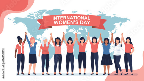Diverse group of women holding hands in a line in front of a world map to celebrate international womens day and global female empowerment.