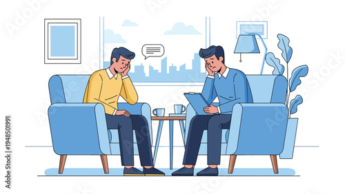 Two men sitting in armchairs having a serious conversation in an office setting overlooking a city skyline for therapy or professional advice.