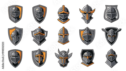 Grid of various medieval knight helmets and shields with different designs and orange accents for historical or gaming concept illustrations.