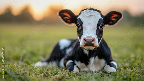 Adorable Black and White Holstein Calf Resting Peacefully in Lush Green Pasture, Bathed in Golden Sunset Light, Gazing Innocently at Viewer