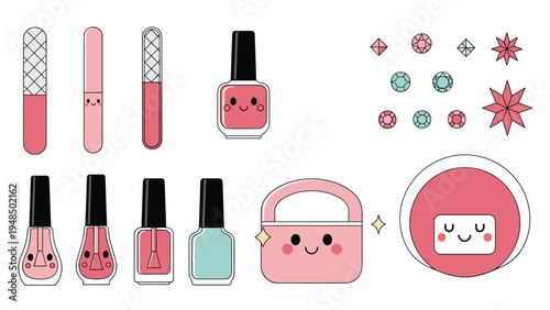 Collection of cute nail polish bottles, nail files, and decorative gems with smiling kawaii faces in pink and blue colors for beauty salons.