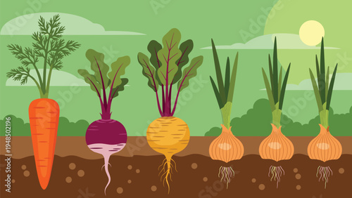 Root vegetables including carrot, turnip, radish, and onions shown growing underground in rich soil with green leaves above the surface.