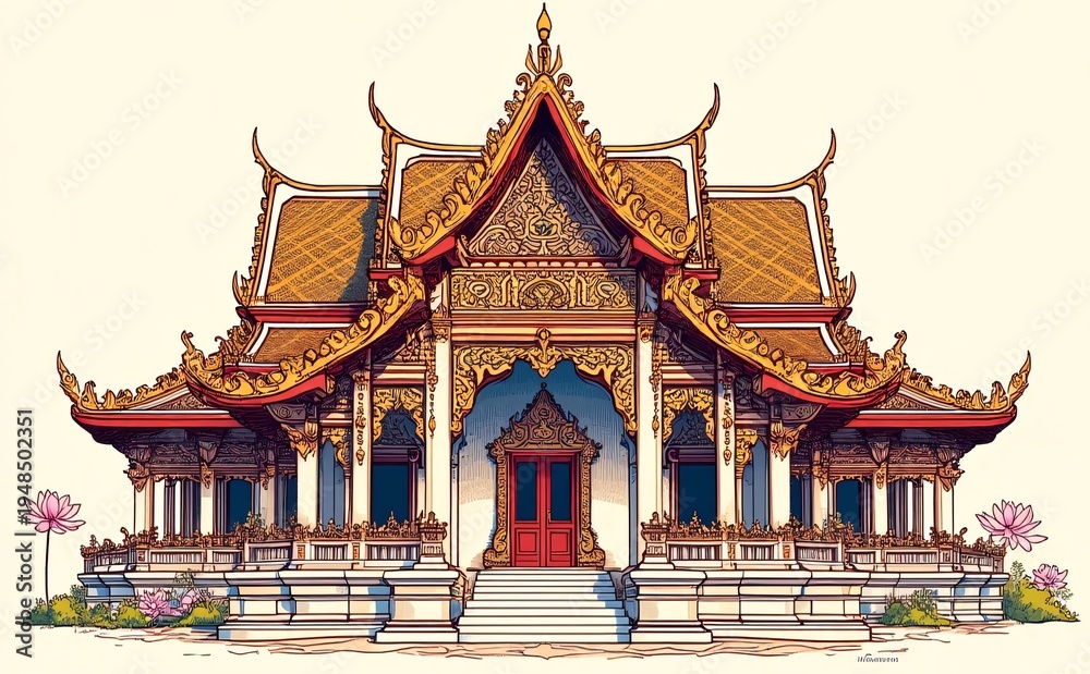 Fototapeta premium Ornate Thai Temple Design with Intricate Gold Accents and Decorations