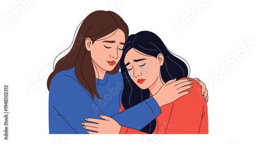 Compassionate woman offering a supportive hug to a crying friend to show comfort, empathy, and friendship during a difficult emotional time.