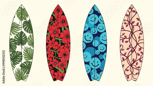 Set of four surfboards with various decorative patterns including tropical leaves, red flowers, smiley faces, and purple vine designs.