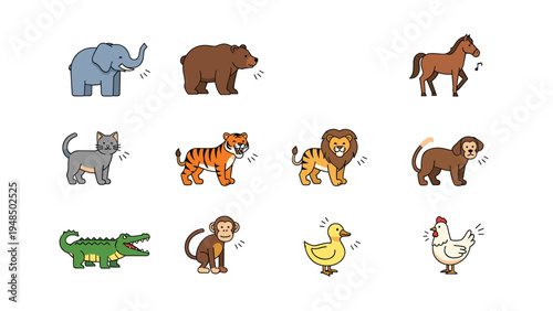 Cartoon animals including elephant, bear, horse, cat, tiger, lion, dog, crocodile, monkey, duck, and chicken shown making vocal sounds.