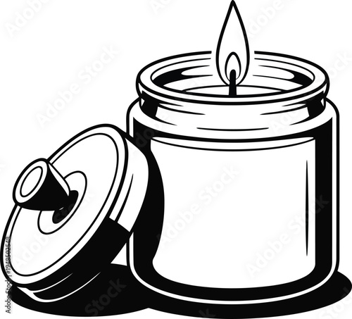 A lit candle in a jar with its lid off beside it.