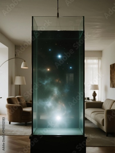 Futuristic Glass Structure Showcasing Stars in Modern Living Room