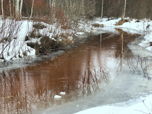 A winding forest river emerged from under the ice. Spring landscape