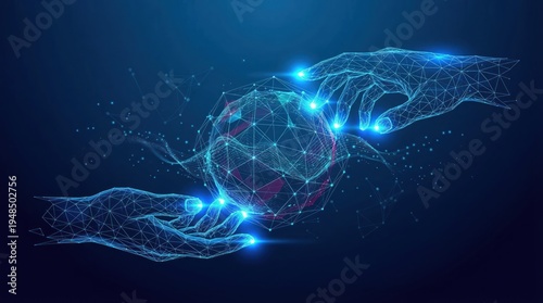 Digital Connection Concept with Wireframe Hands and Glowing Sphere