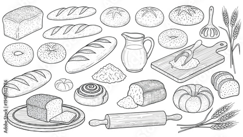 Detailed line art drawing of various bakery items including different types of bread, rolls, donuts, flour, and a rolling pin on white.