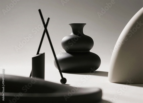 Abstract Black and White Still Life with Modern Ceramic Objects