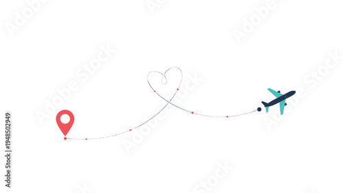 Airplane flying along a dotted path that forms a heart shape starting from a red location pin for travel, love, and tourism concepts.