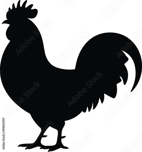 A majestic black rooster standing tall with its feathers spread wide.