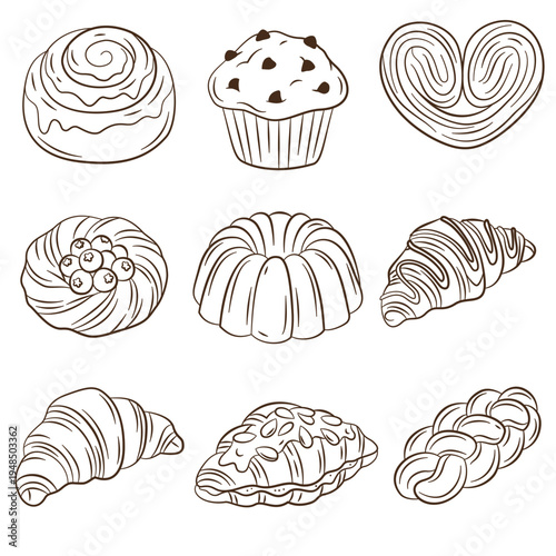 Hand drawn collection of sweet pastries, buns, rolls, cupcakes and croissants. Bakery set in sketch style. Hand drawn vector illustration of delicious desserts and bakery treats