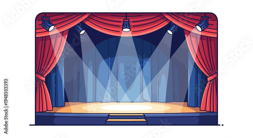 An illustration of a theatre stage with red curtains, spotlights, and a wooden floor, set against a blue background with a cinematic lighting effect, conveying a dramatic performance