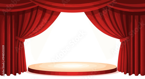 An empty theatre stage with red curtains and a circular platform is set against a white background for a performance or show