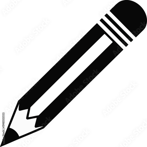 A black and white illustration of a sharpened wooden pencil with a rubber tip.